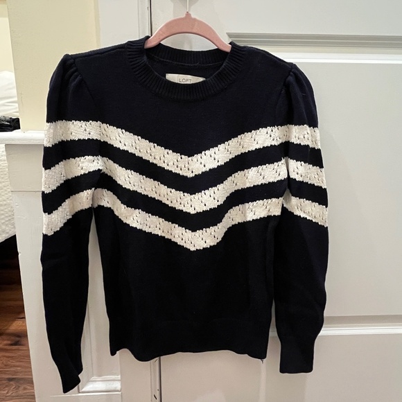 Loft Dark Blue Striped Puff Sleeve Sweater, GUC - Picture 3 of 3